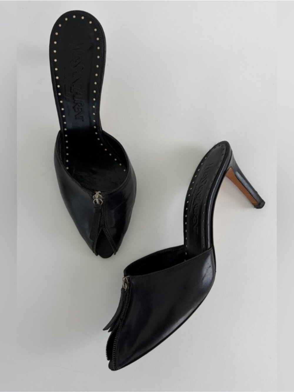 Vintage Yves Saint Laurent Black Leather Zip-Front Mule Heels